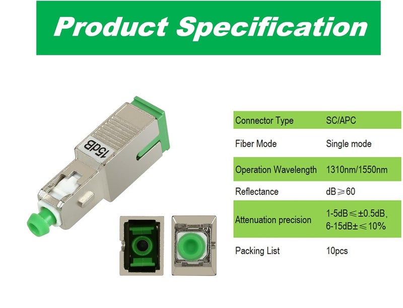Solnique 10 Pack Single Mode Fiber Optic Attenuators – 3dB, 5dB, 7dB, 10dB, 15dB, SC/APC Fiber Attenuator Ideal for Communication & Data Centers - Image 3